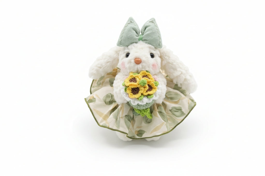 Korean bunny bag charm with a crochet bouquet