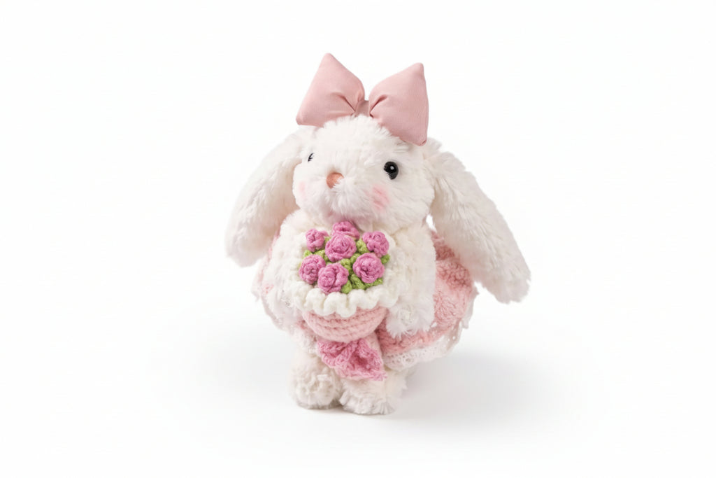 Korean bunny bag charm with a crochet bouquet
