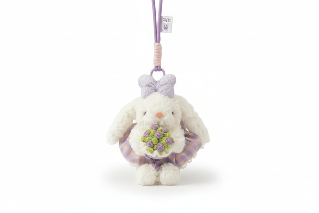 Korean bunny bag charm with a crochet bouquet