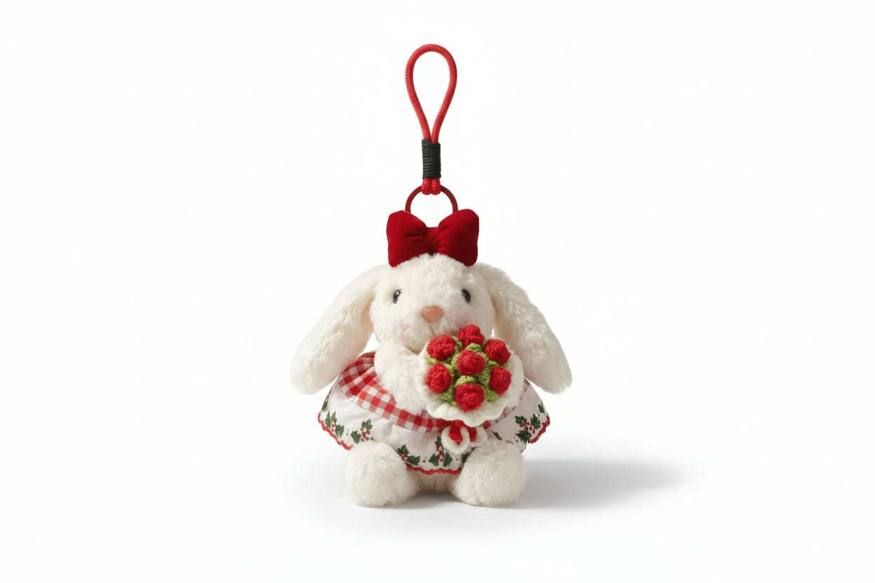 Korean bunny bag charm with a crochet bouquet