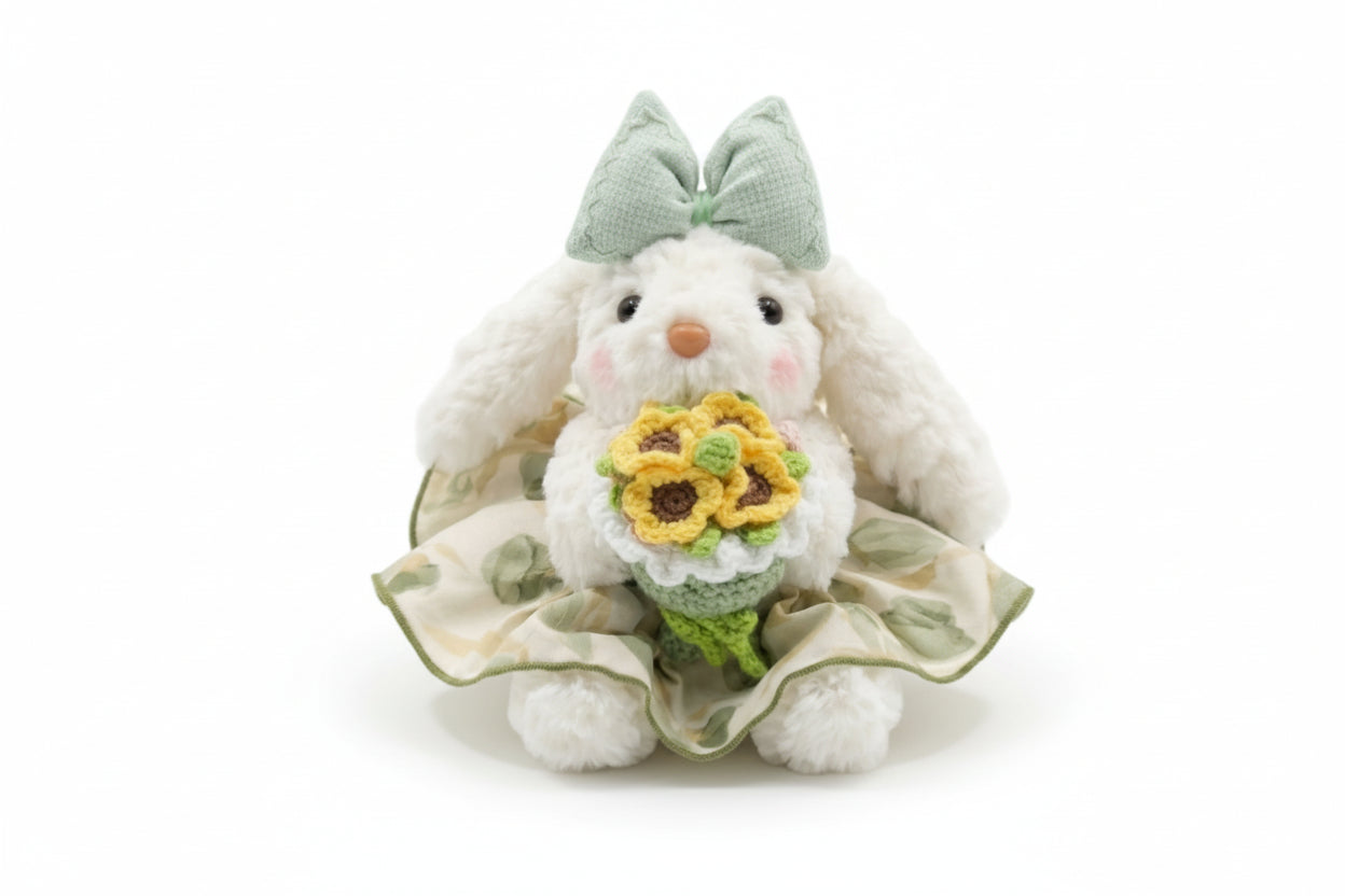 Korean bunny bag charm with a crochet bouquet
