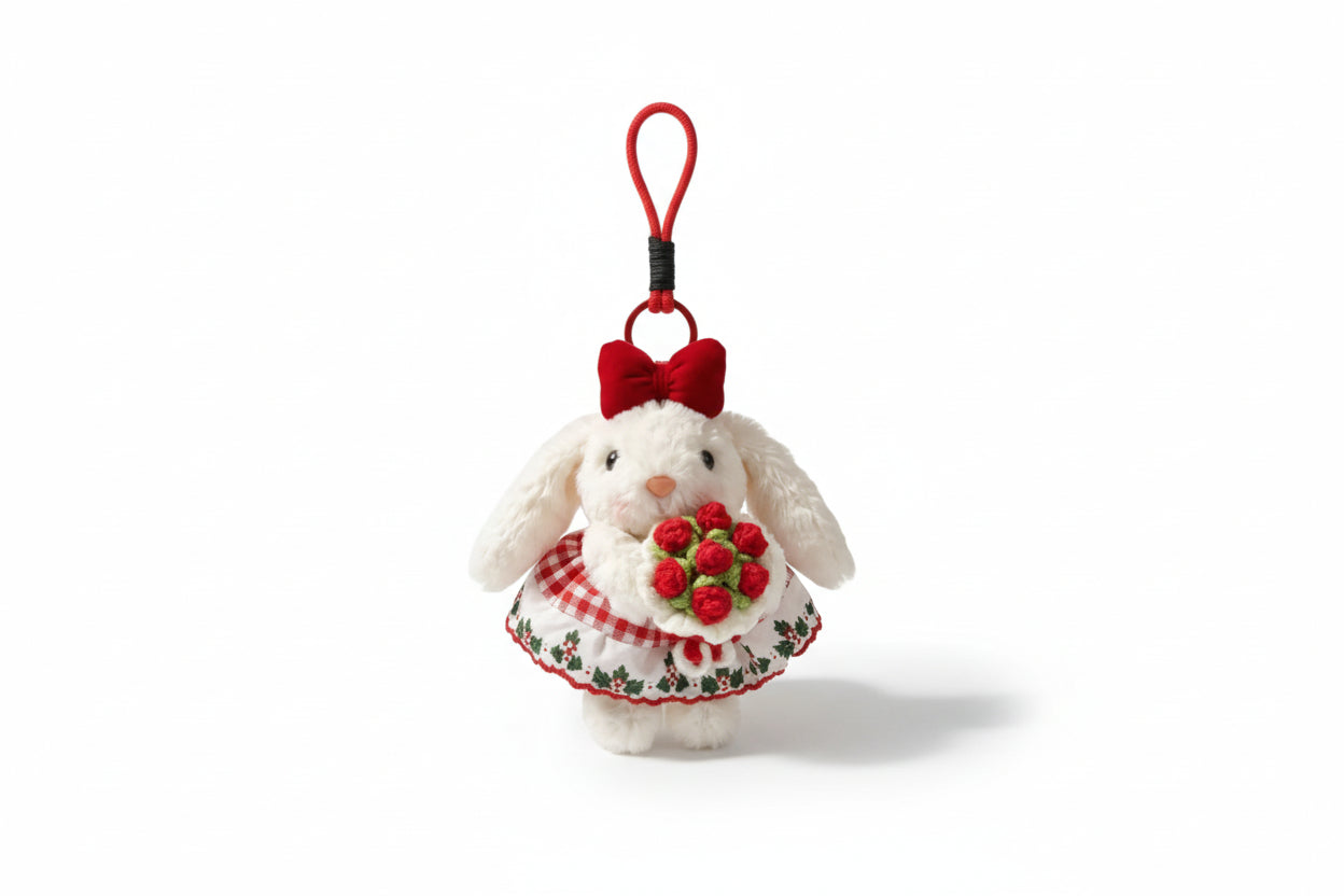 Korean bunny bag charm with a crochet bouquet