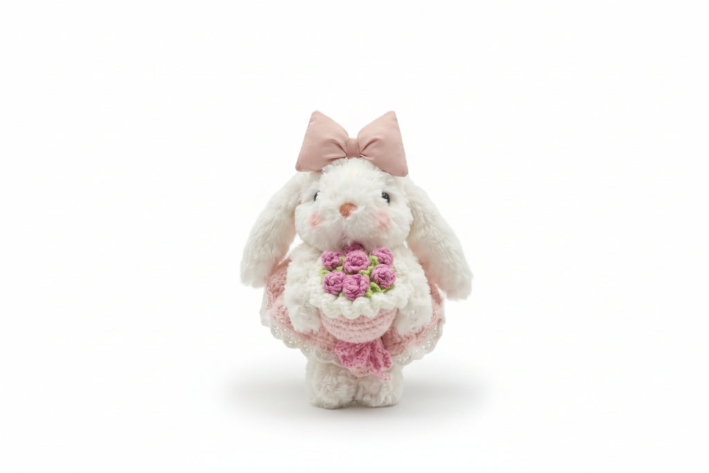Korean bunny bag charm with a crochet bouquet