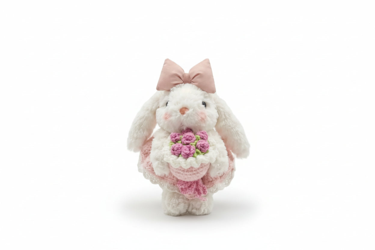 Korean bunny bag charm with a crochet bouquet