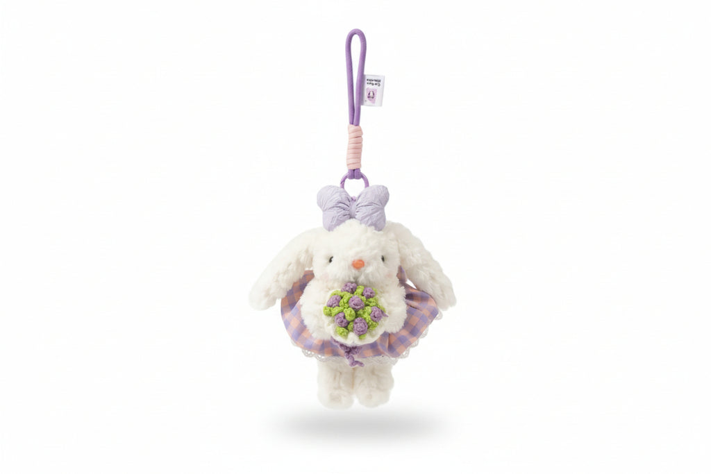 Korean bunny bag charm with a crochet bouquet
