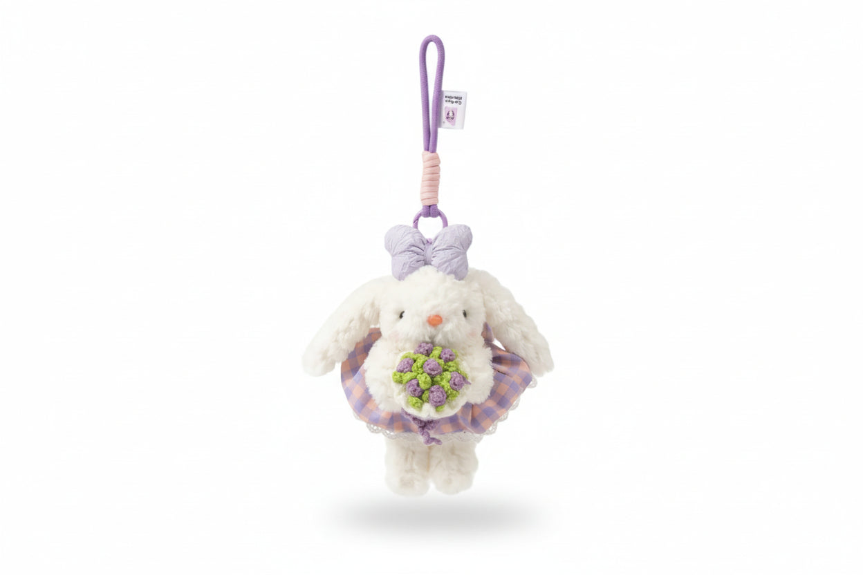 Korean bunny bag charm with a crochet bouquet
